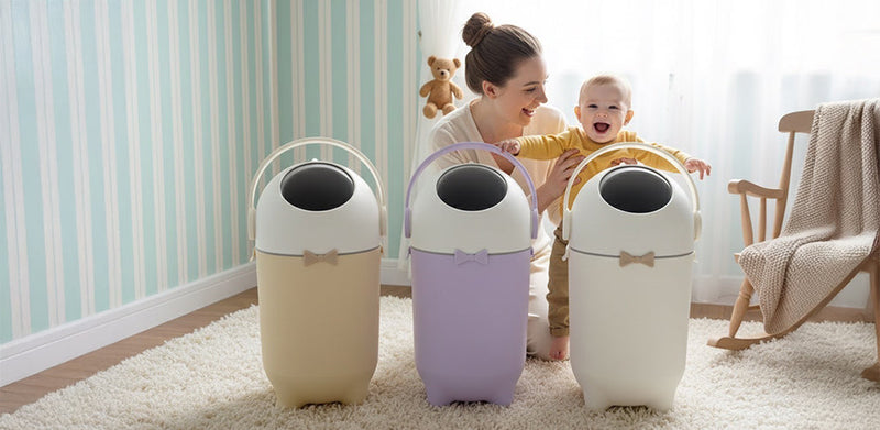 iTouchless odor-free diaper pail in a modern nursery setting