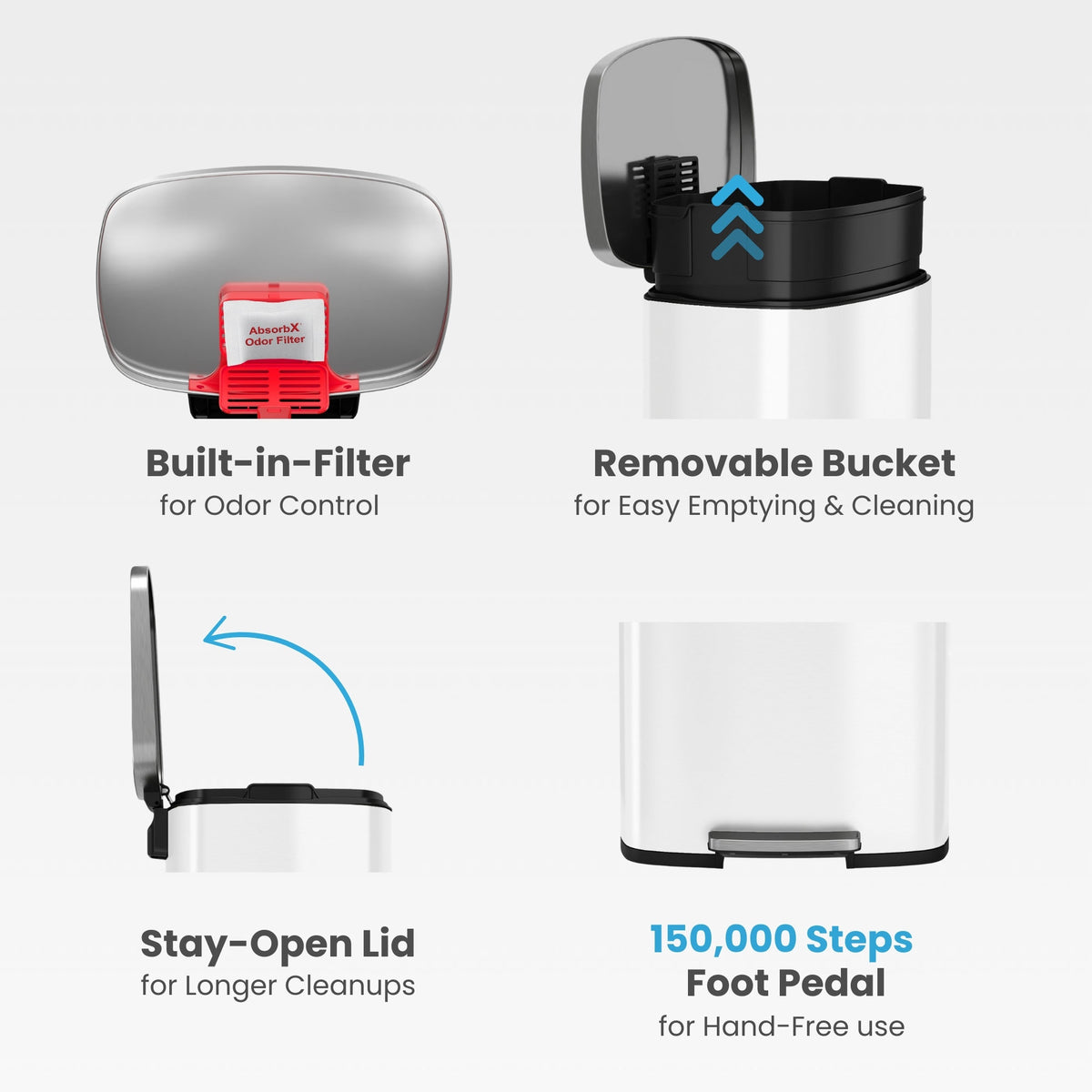 Feature collage of ivory white stainless steel step trash can: AbsorbX odor filter, removable bucket, stay-open lid, and 150,000-step foot pedal.