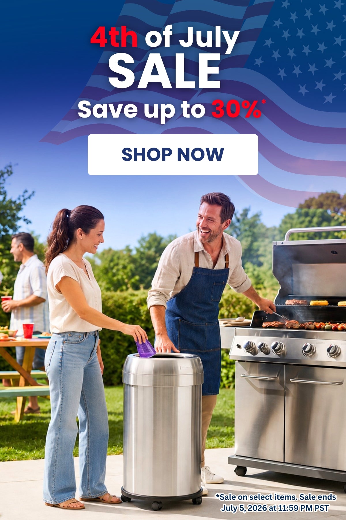 Outdoor promotional banner for a 4th of July sale, featuring a stainless steel trash can in use by a couple grilling outdoors. The top of the image has a blue background with red and white text reading '4th of July SALE Save up to 30% SHOP NOW' and a US flag graphic.
