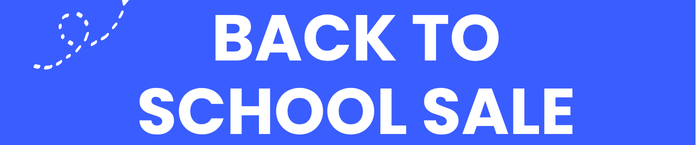 A promotional banner for a school sale featuring a woman sitting at a desk next to a stainless steel trash can, with a blue right-side panel reading 'BACK TO SCHOOL SALE Save up to 30% OFF' and 'SHOP NOW'.