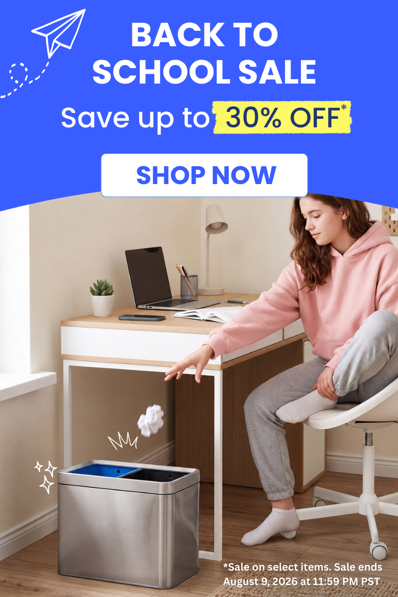A promotional sale graphic with a woman sitting at a desk and reaching toward a stainless steel trash can. Large text at the top reads 'BACK TO SCHOOL SALE' and 'Save up to 30% OFF' with a 'SHOP NOW' button.