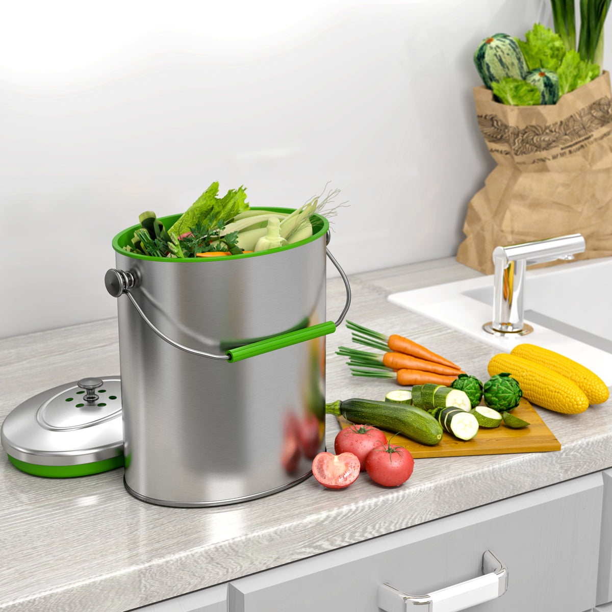 iTouchless 1.6 Gallon / 6.1 Liter Titanium Stainless Steel Compost Bin with Odor Filter in kitchen