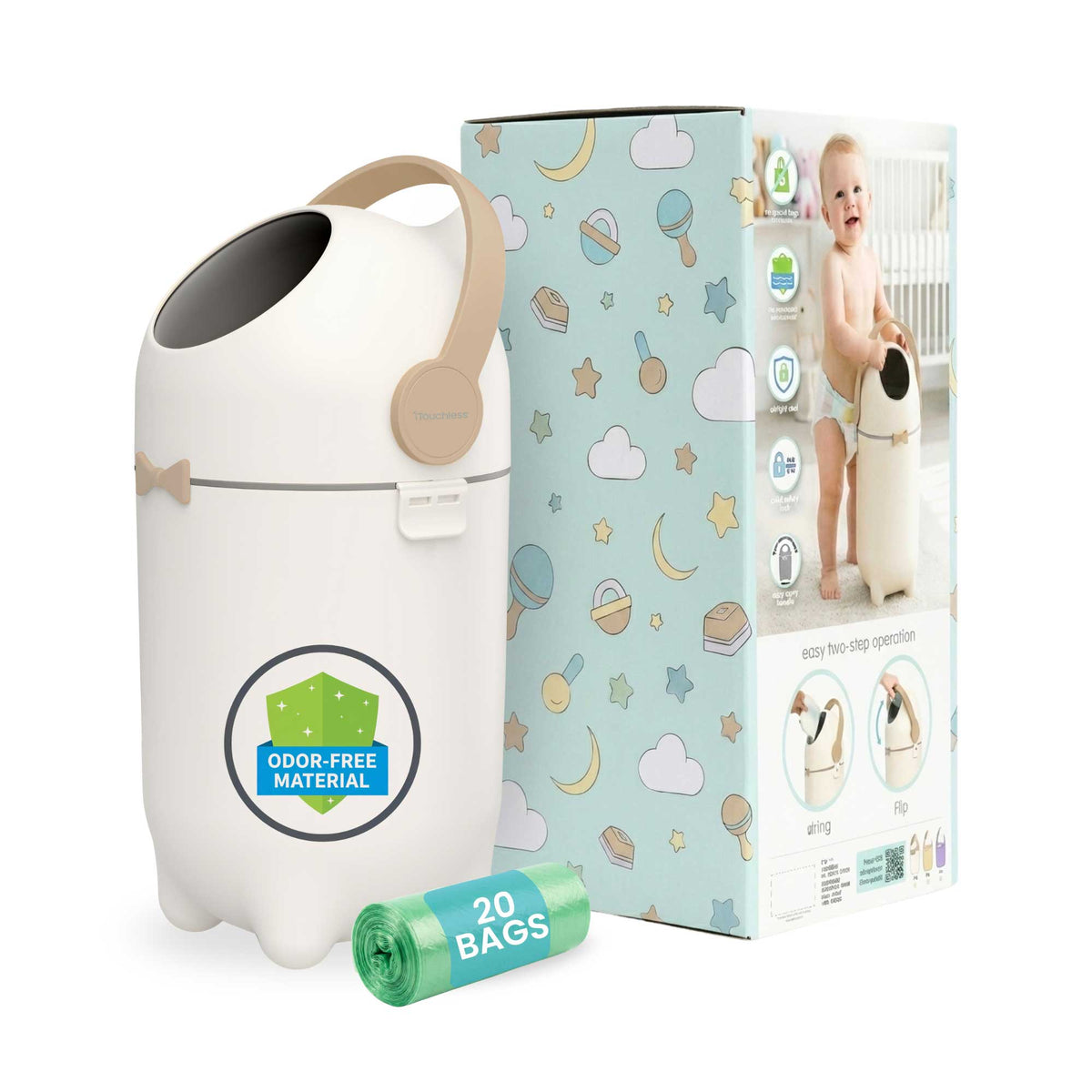 iTouchless Boho Ivory Odorless Diaper Pail comes with 20 free trash bags and decorative gift-ready baby shower box.