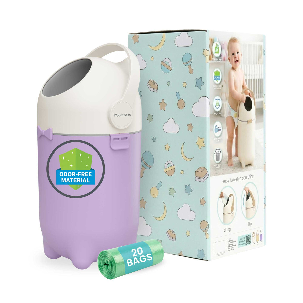 iTouchless Pastel Orchid Odorless Diaper Pail comes with 20 free trash bags and decorative gift-ready baby shower box