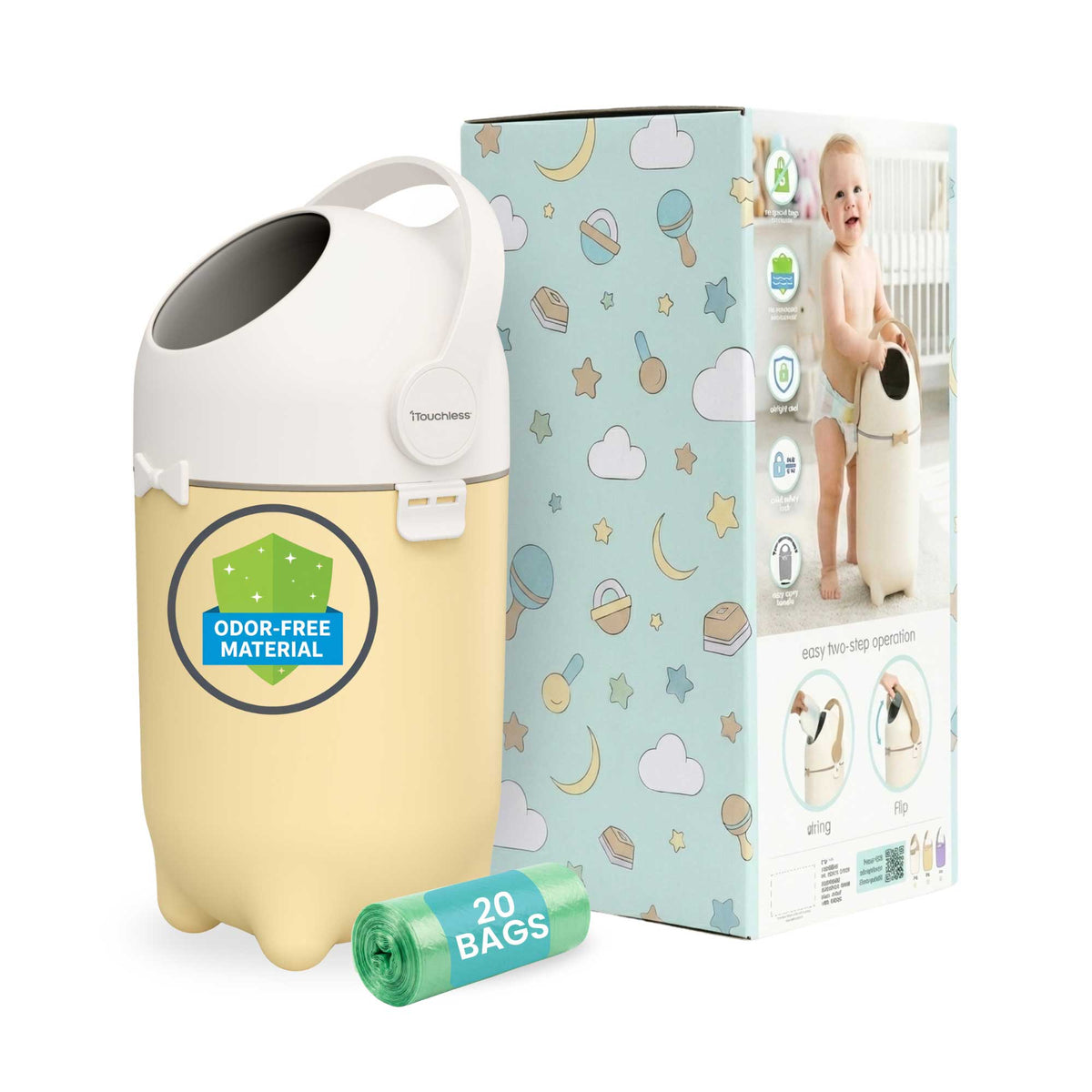 iTouchless Sand Almond Odorless Diaper Pail comes with 20 free trash bags and decorative gift-ready baby shower box