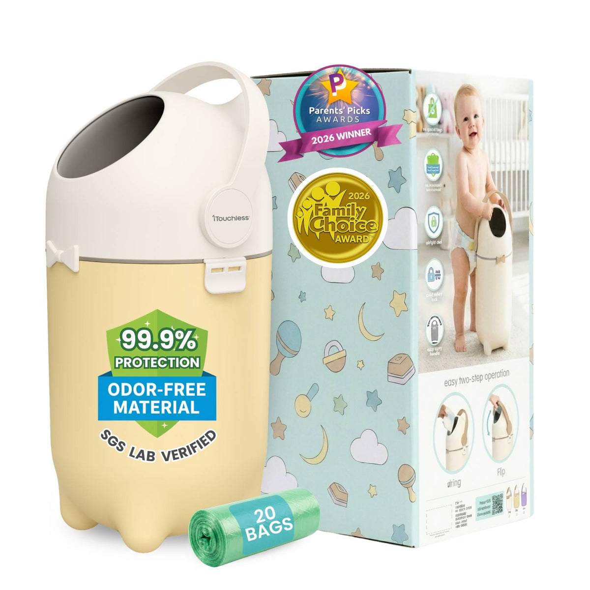 iTouchless Sand Almond Odorless Diaper Pail comes with 20 free trash bags and decorative gift-ready baby shower box