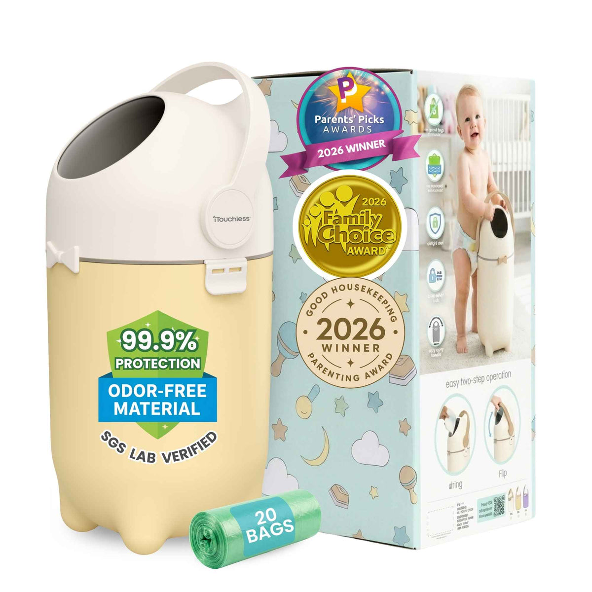 iTouchless Odorless Diaper Pail (Sand Almond) with 20 Bags