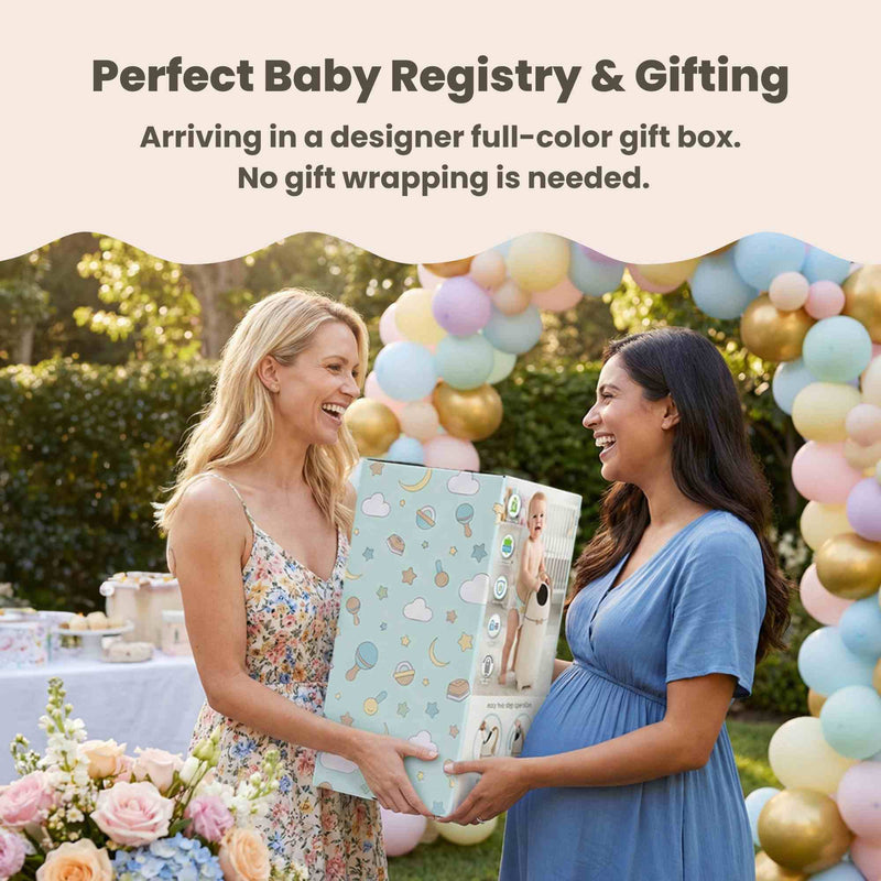 A pregnant woman receiving the iTouchless Odorless Diaper Pail as a gift at a baby shower. The product is packaged in its designer full-color gift box, highlighting its suitability for baby registries without needing extra wrapping.