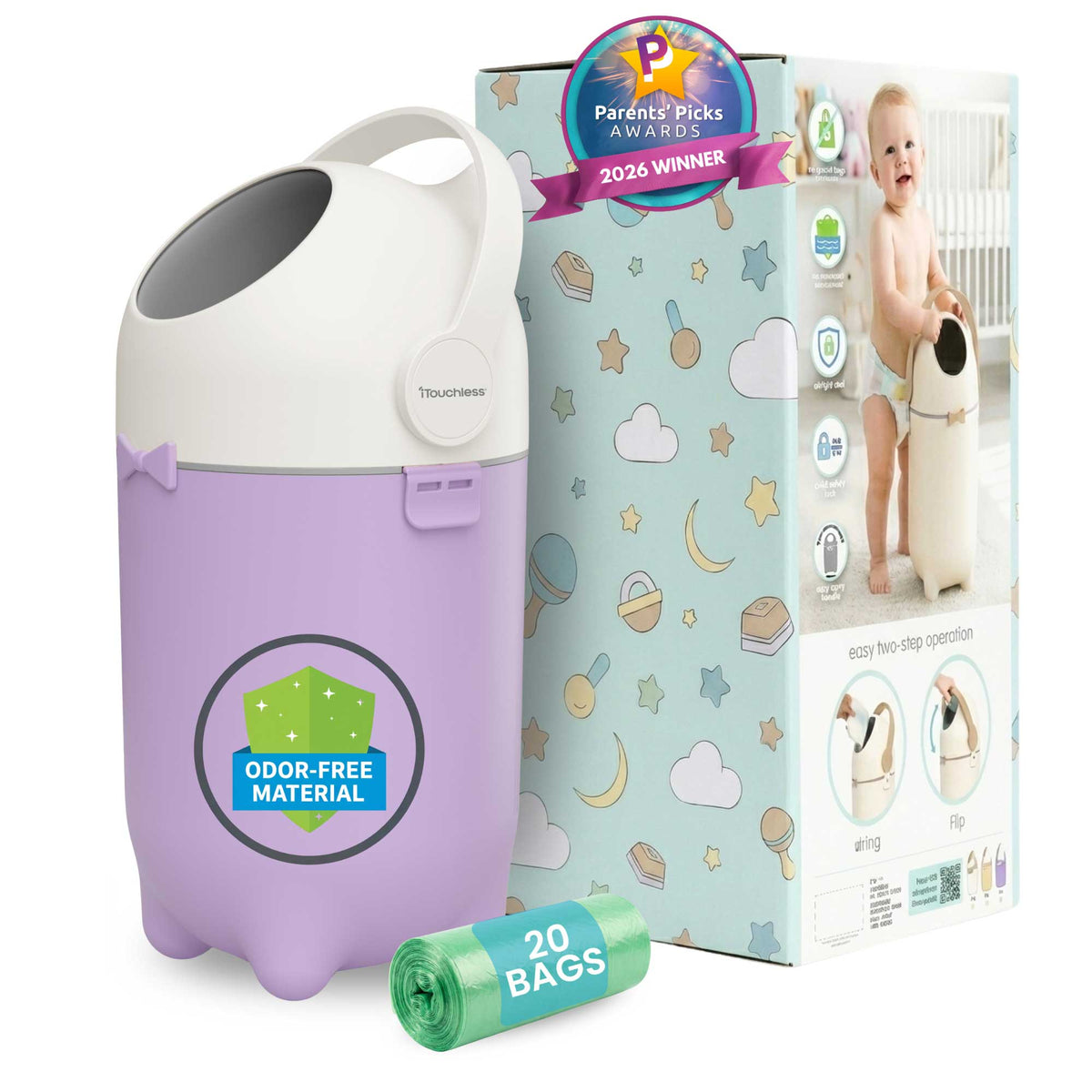 iTouchless Pastel Orchid Odorless Diaper Pail comes with 20 free trash bags and decorative gift-ready baby shower box