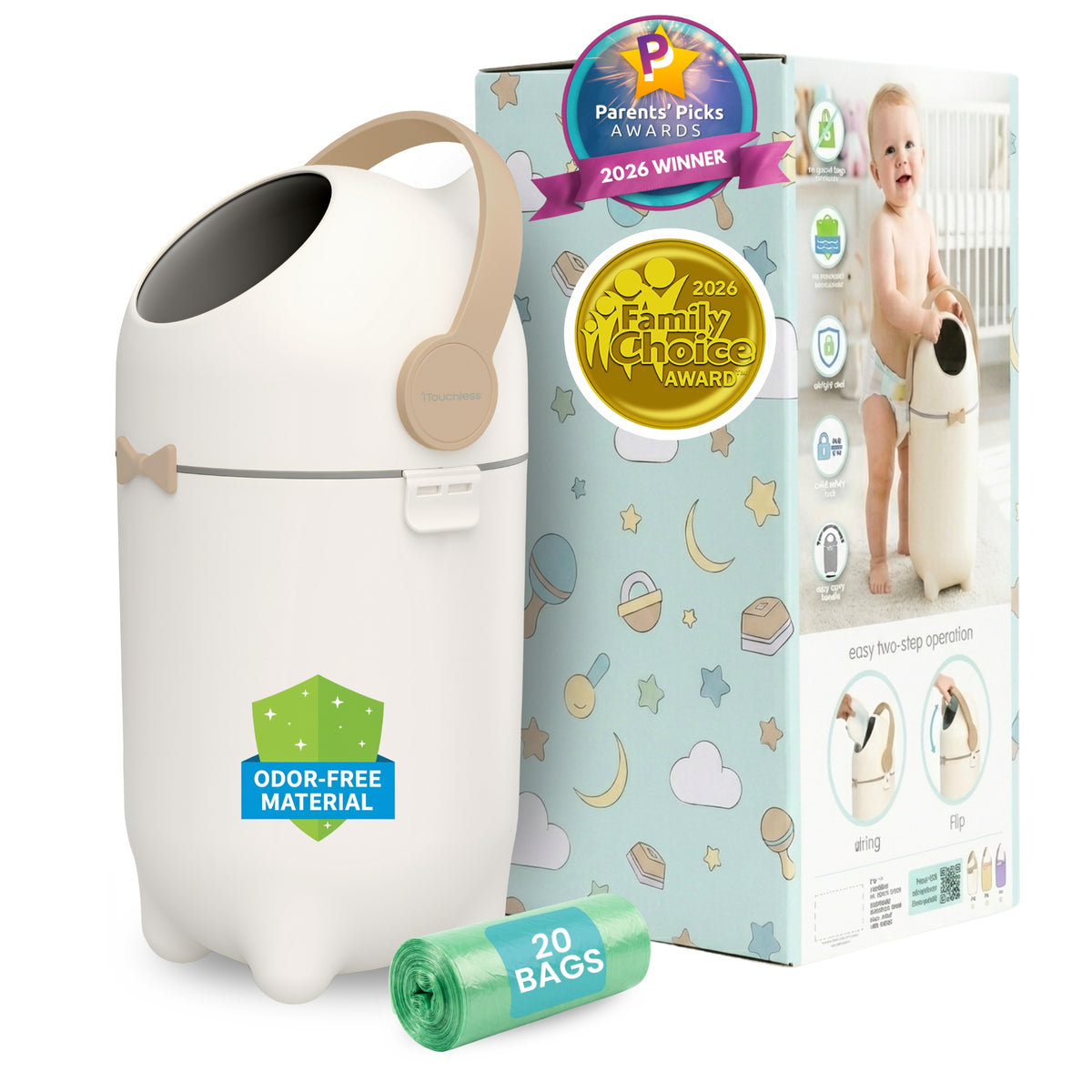 iTouchless Boho Ivory Odorless Diaper Pail comes with 20 free trash bags and decorative gift-ready baby shower box.