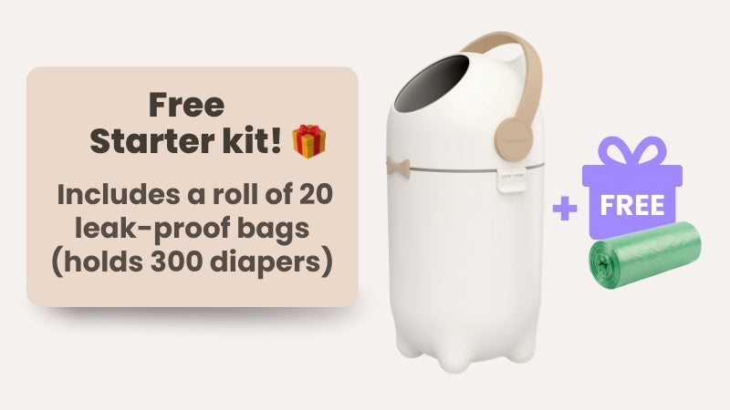 White diaper pail with beige handle and text about a free starter kit including leak-proof bags.