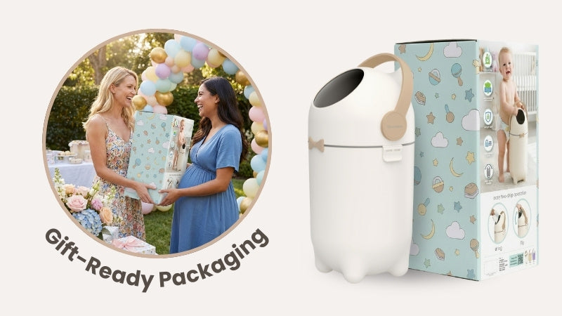 Baby shower gift with packaging and two women holding a gift box outdoors.