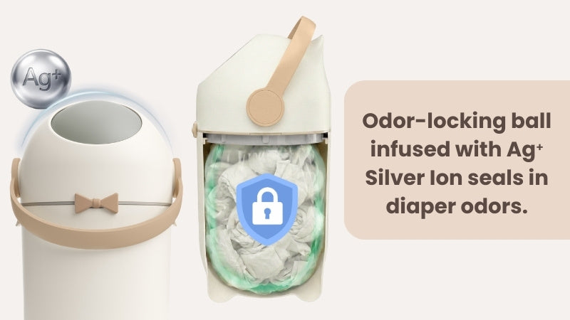 Diaper bag with odor-locking ball feature and text about silver ion technology.
