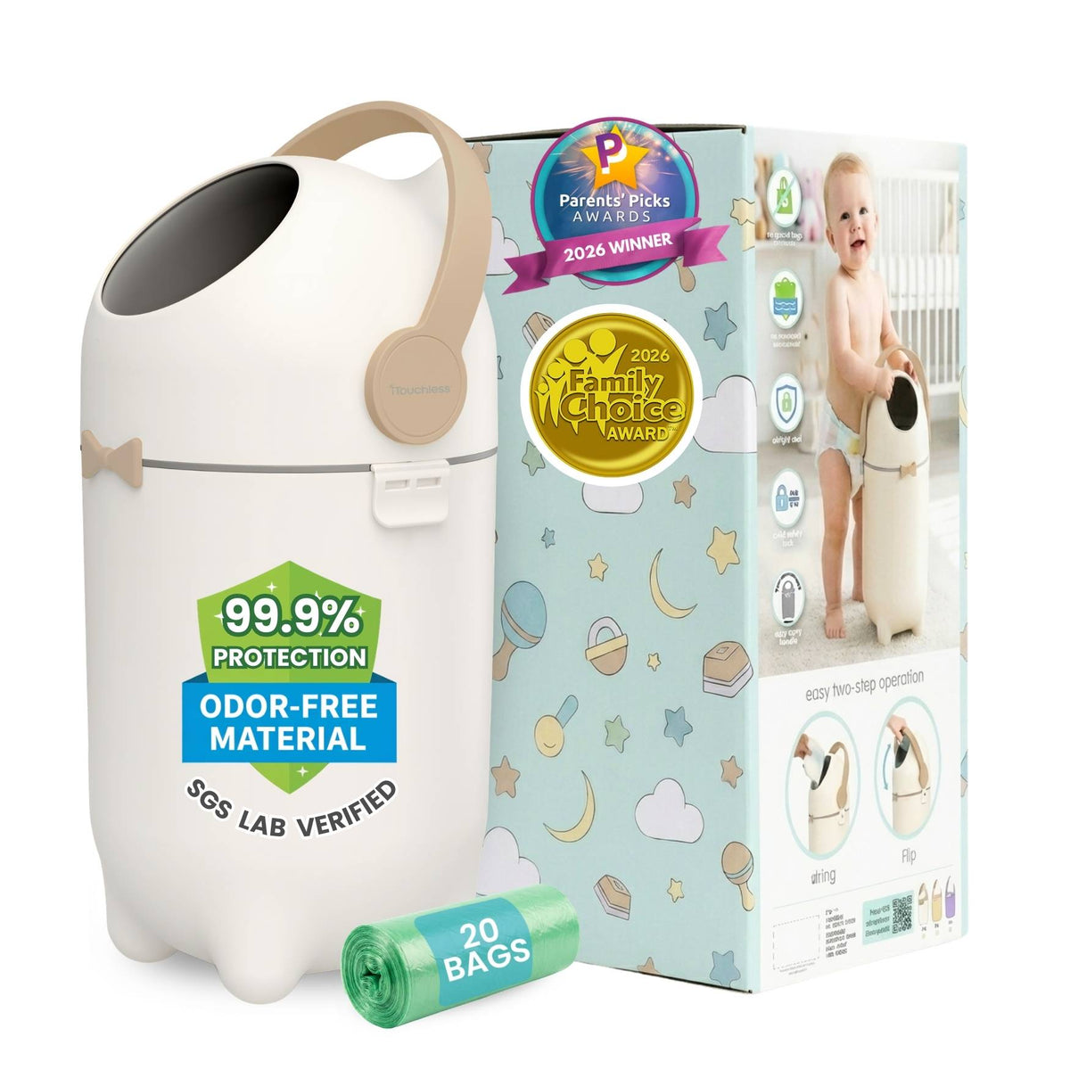 iTouchless Sand Almond Odorless Diaper Pail comes with 20 free trash bags and decorative gift-ready baby shower box
