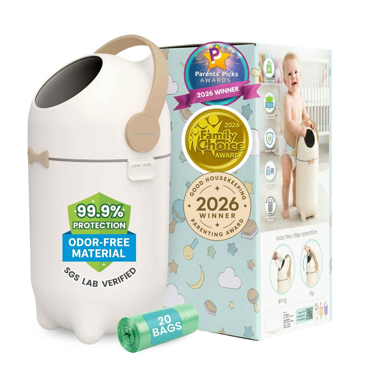 iTouchless odor-free diaper pail in beige featuring Ag+ Silver Ion Odor-Shield Technology and an odor-locking ball to seal in diaper smells. Award-winning nursery diaper disposal system uses standard trash bags with no special refills required.
