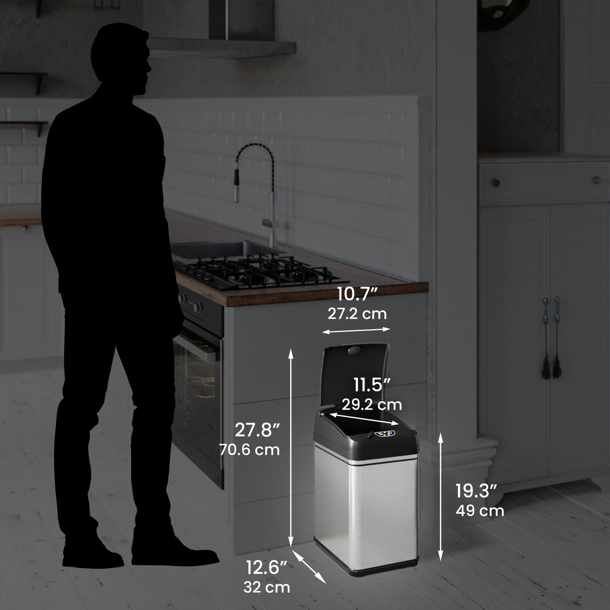 iTouchless Sensor Trash Can with Pet-Proof Lid in kitchen with dimensions