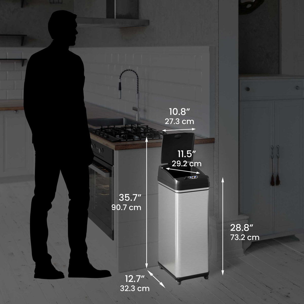 iTouchless Stainless Steel Trash Can with wheels dimensions