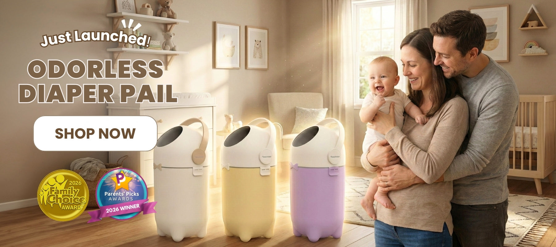 Advertisement for the launch of odorless diaper pails with a family in a nursery setting.