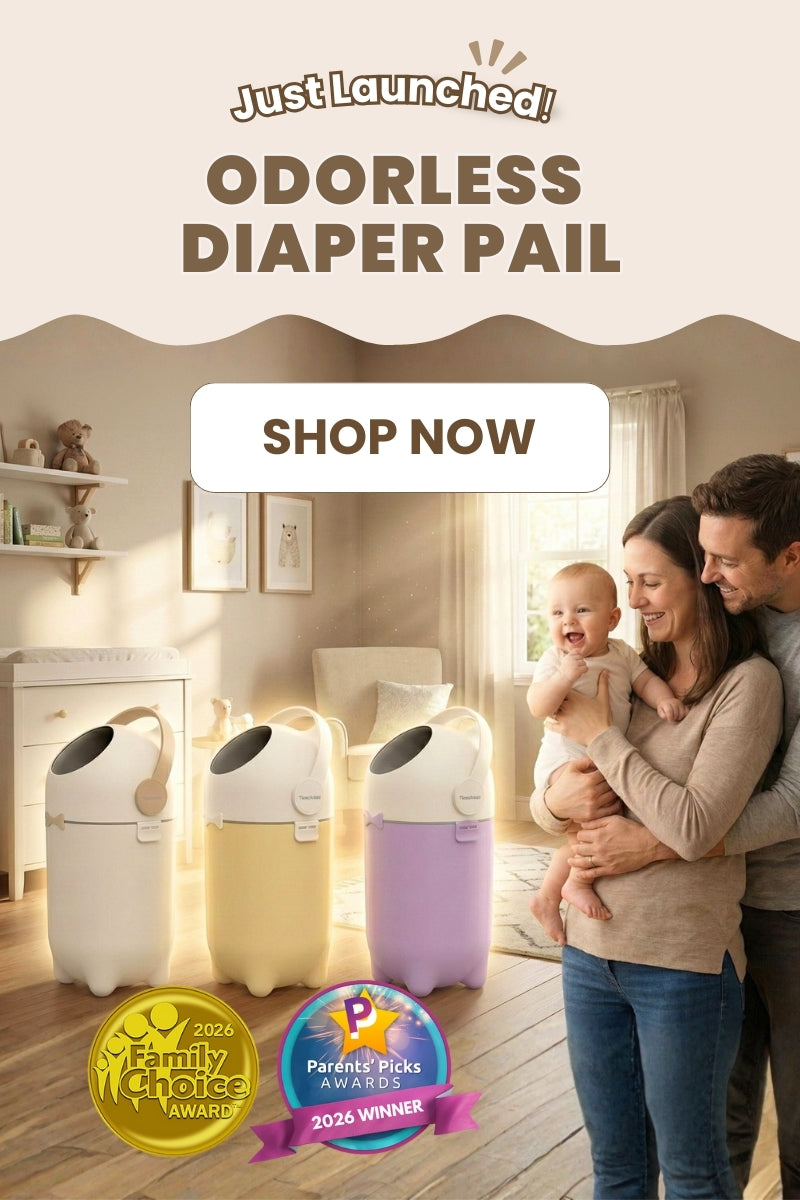 Advertisement for the launch of odorless diaper pails with a family and product display.