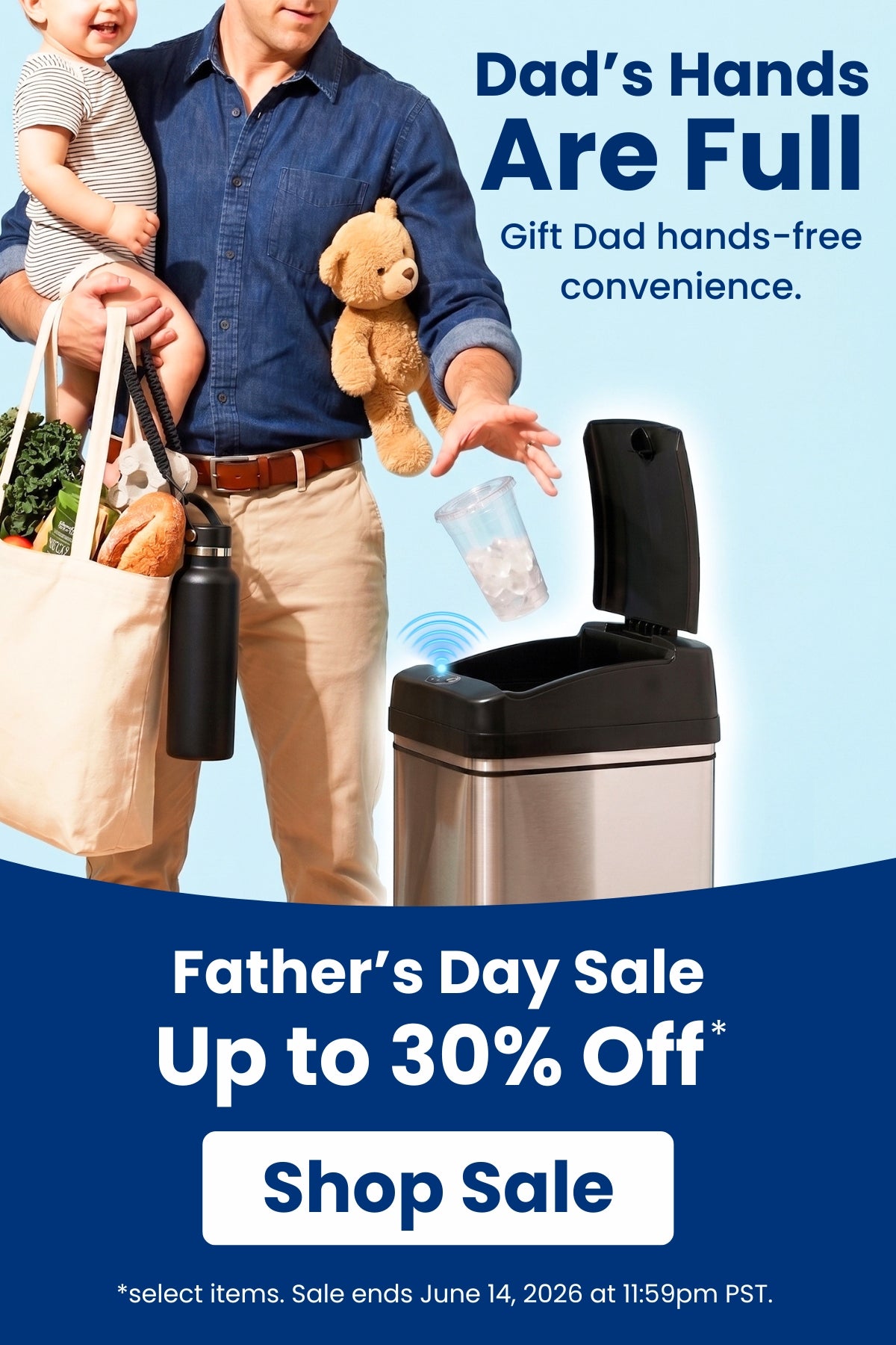 Advertisement for a trash can with text about Father's Day sale and product features.