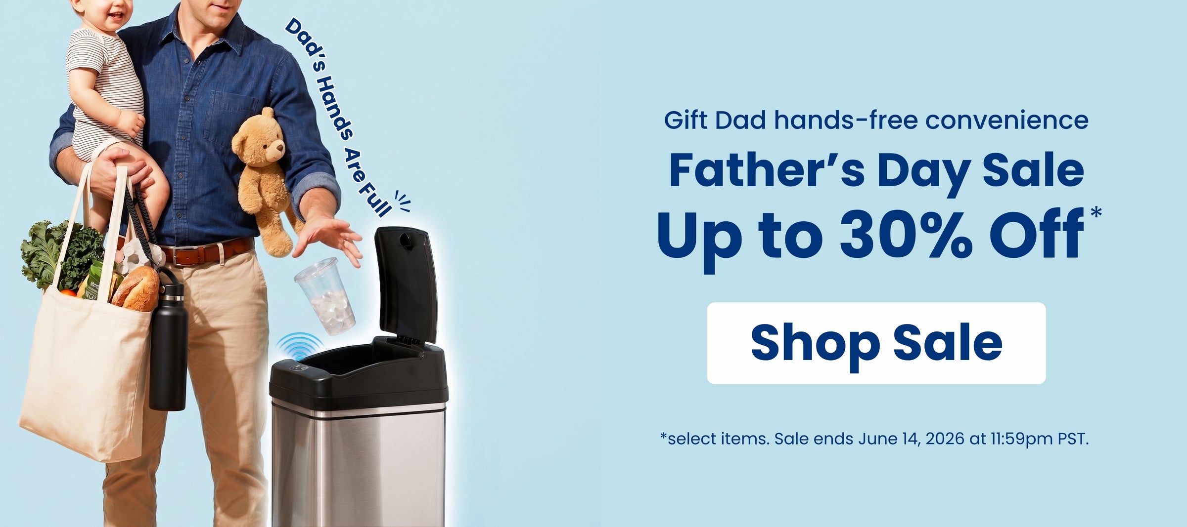 Father's Day sale advertisement with a man holding a baby and a teddy bear, standing next to a trash can.