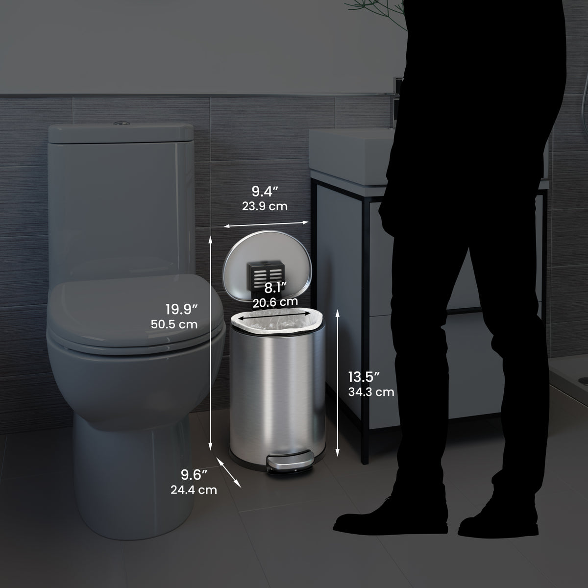 2 Gallon / 7.6 Liter SoftStep Semi-Round Step Pedal Trash Can dimensions