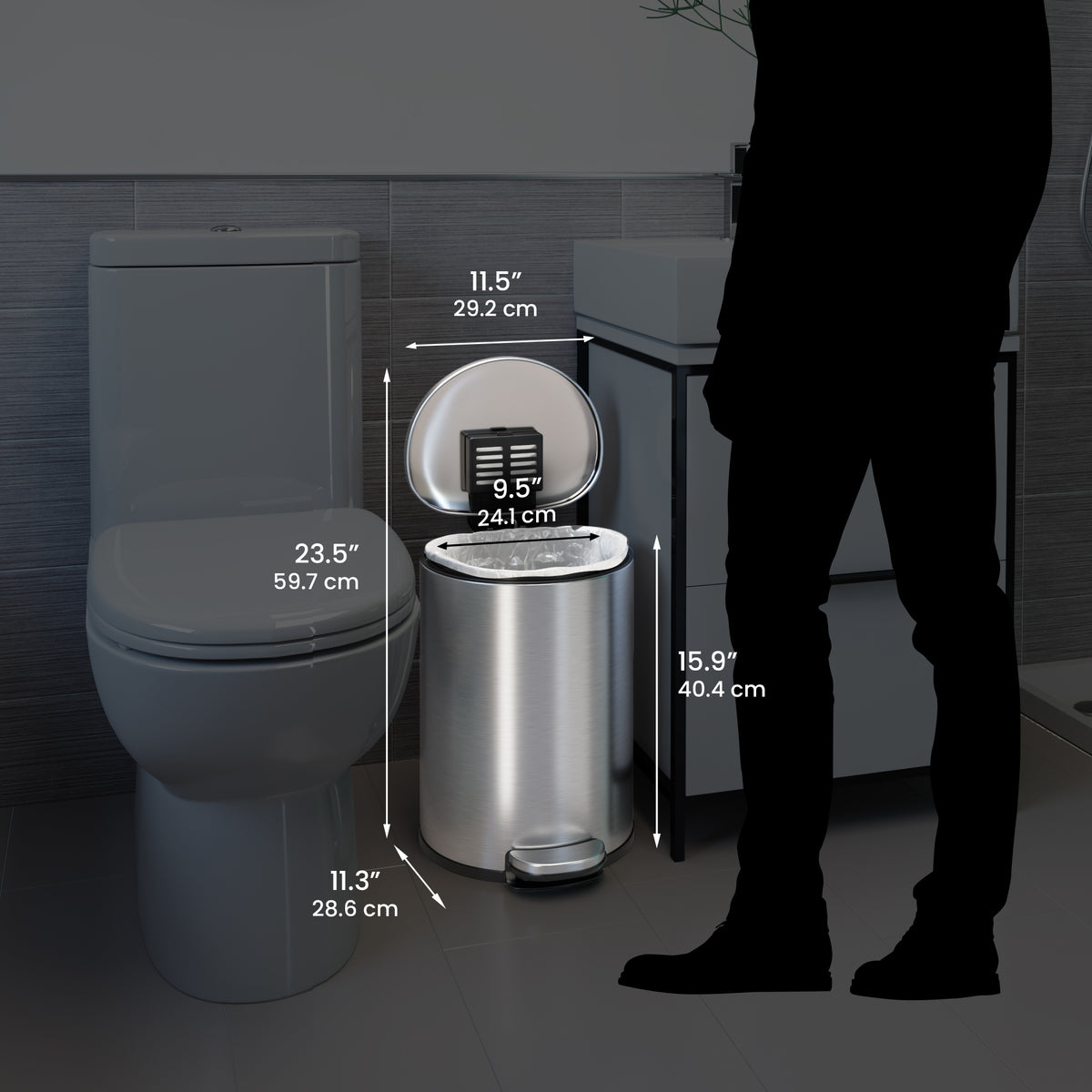 3 Gallon / 11.4 Liter SoftStep Semi-Round Step Pedal Trash Can dimensions