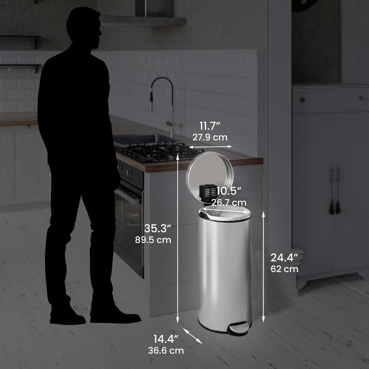 30 Liter / 8 Gallon SoftStep Stainless Steel Round Step Kitchen Trash Can with AbsorbX Odor Filter