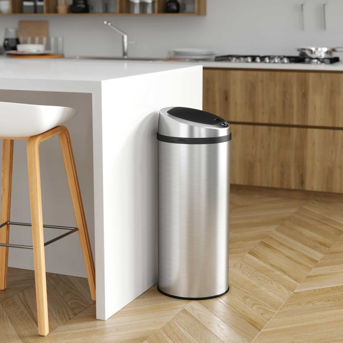 iTouchless 13 Gallon Stainless Steel Sensor Trash Can with Odor Filter in kitchen