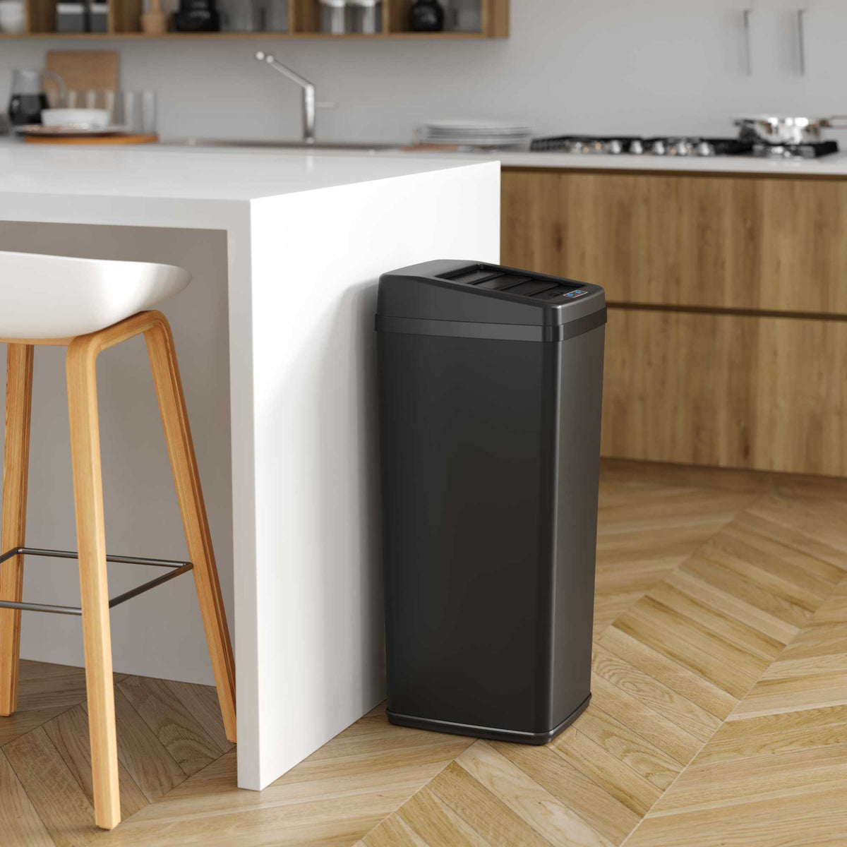 14 Gallon Black Stainless Steel Sliding Lid Sensor Trash Can with Odor Filter in kitchen