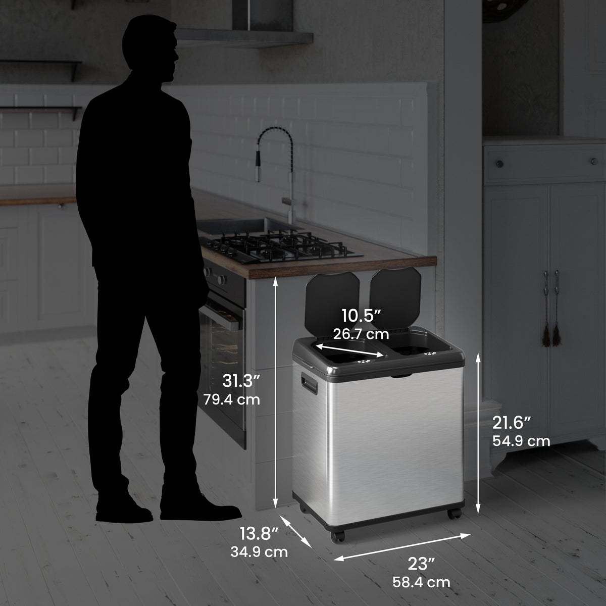 16 Gallon Dual-Compartment Stainless Steel Sensor Recycle Bin/Trash Can with Black Lid dimensions