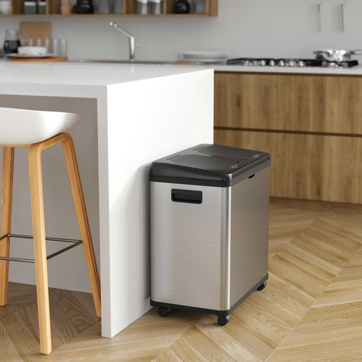 16 Gallon Dual-Compartment Stainless Steel Sensor Recycle Bin/Trash Can with Black Lid in kitchen