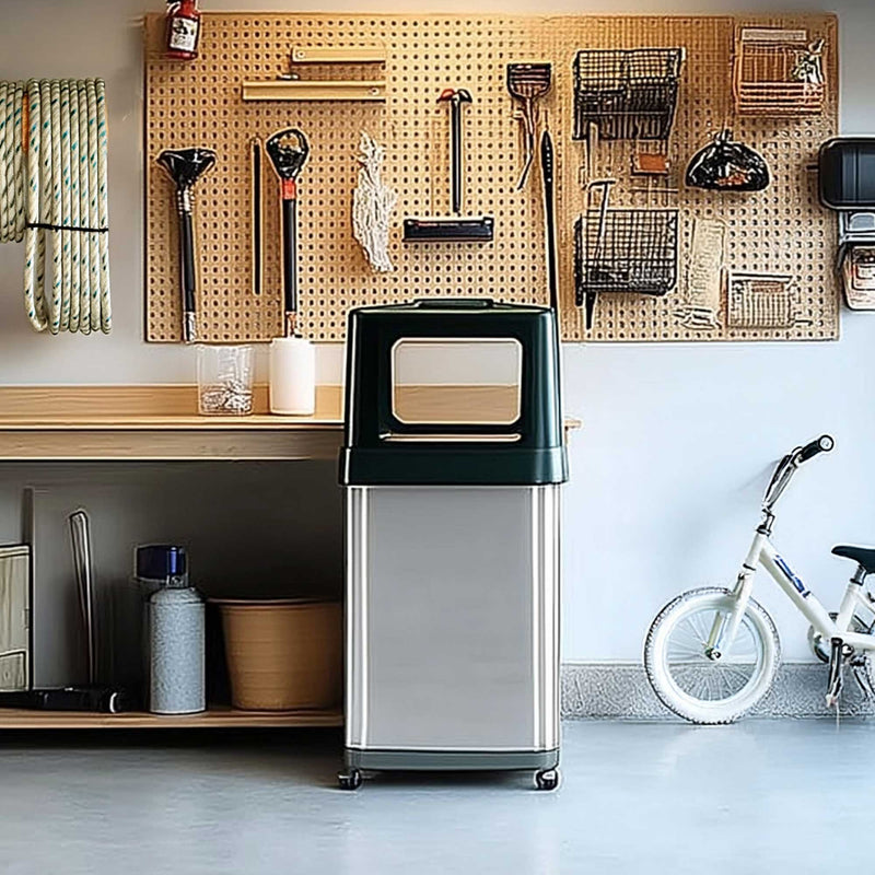 18 Gallon / 68 Liter Composite Dual Side-Entry Kitchen Trash Can with Wheels and AbsorbX in garage