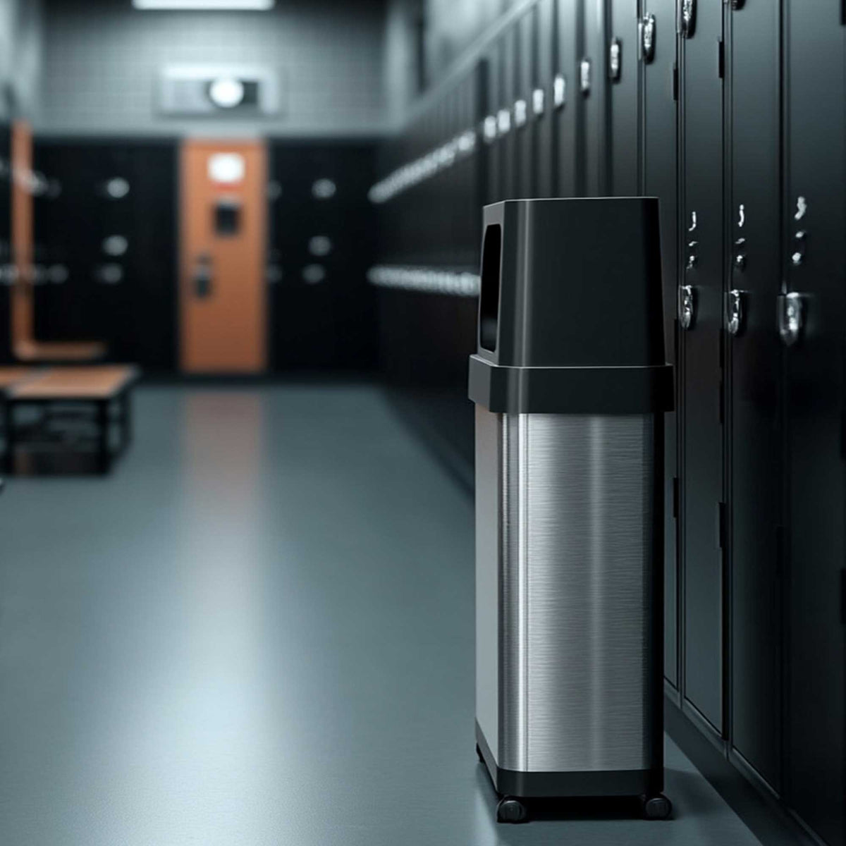 18 Gallon / 68 Liter Composite Dual Side-Entry Kitchen Trash Can with Wheels and AbsorbX in gym