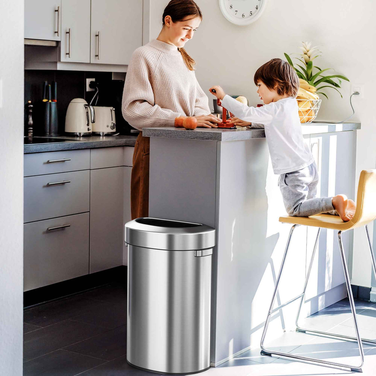23 Gallon / 87 Liter Semi-Round Open Top Trash Can in kitchen