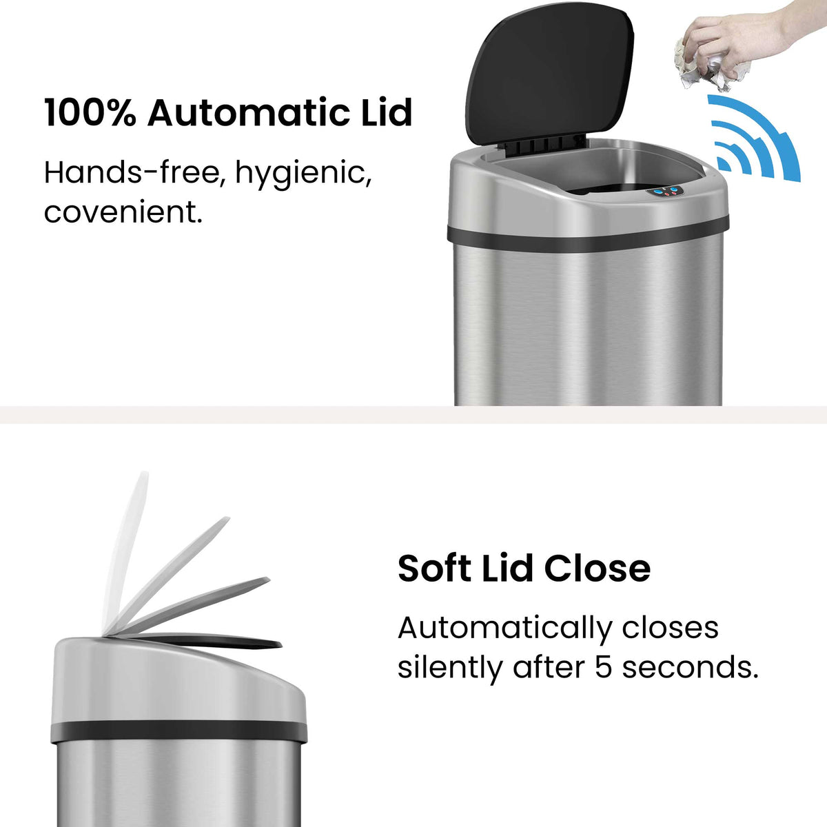 iTouchless 24 gallon Oval Sensor Kitchen Trash Can with AbsorbX Odor Filter automatic lid and soft close