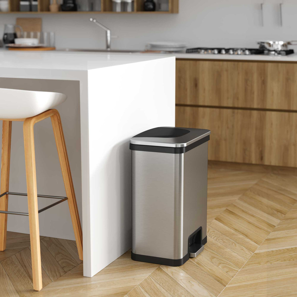 13 Gallon AutoStep Stainless Steel Pedal Sensor Trash Can in kitchen