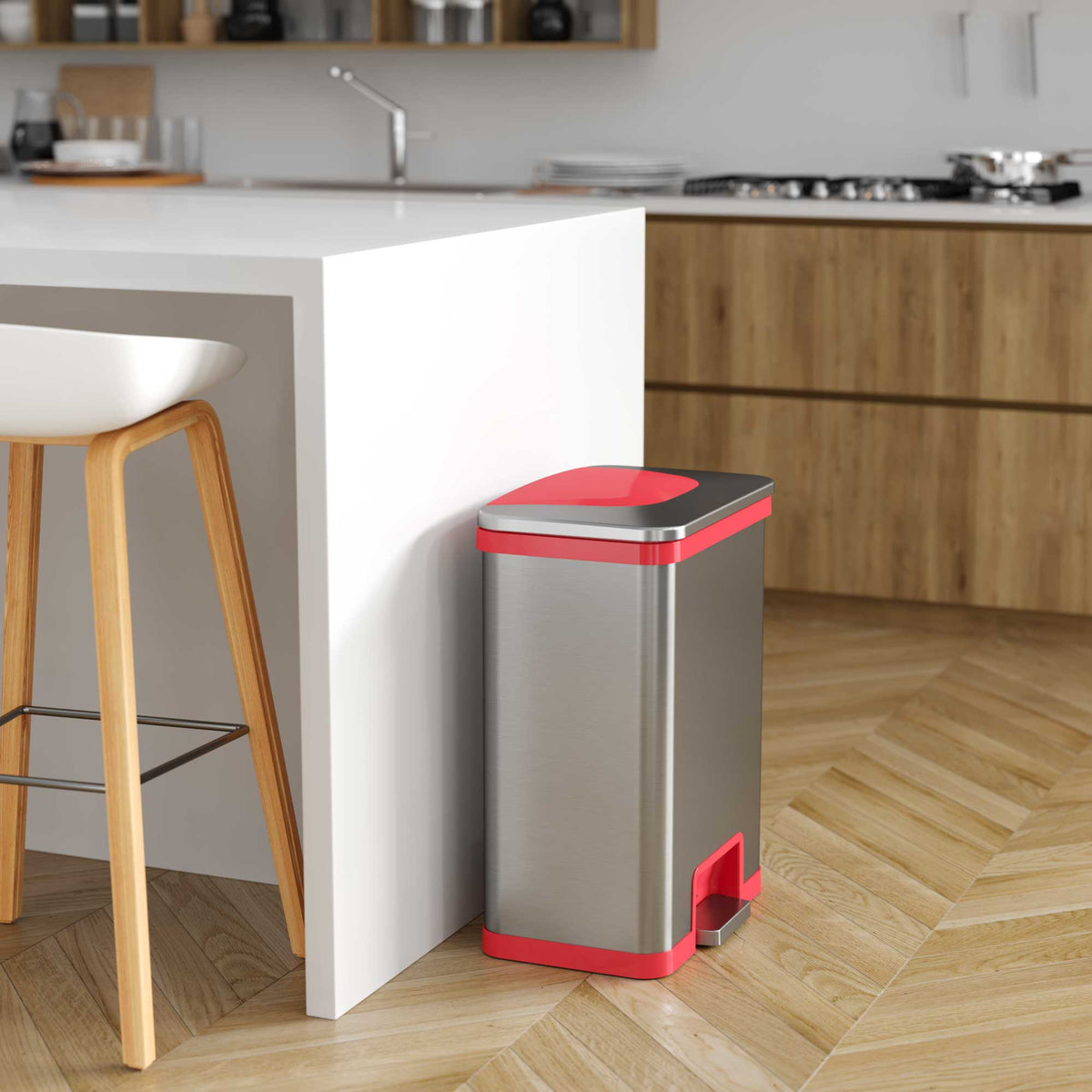 13 Gallon AutoStep Stainless Steel Pedal Sensor Trash Can (Red Trim) with Odor Filter in kitchen