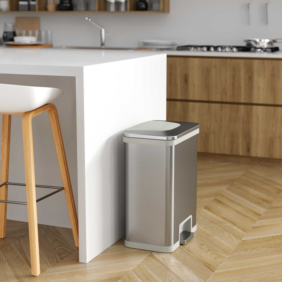 13 Gallon AutoStep Stainless Steel Pedal Sensor Trash Can (White Trim) in kitchen