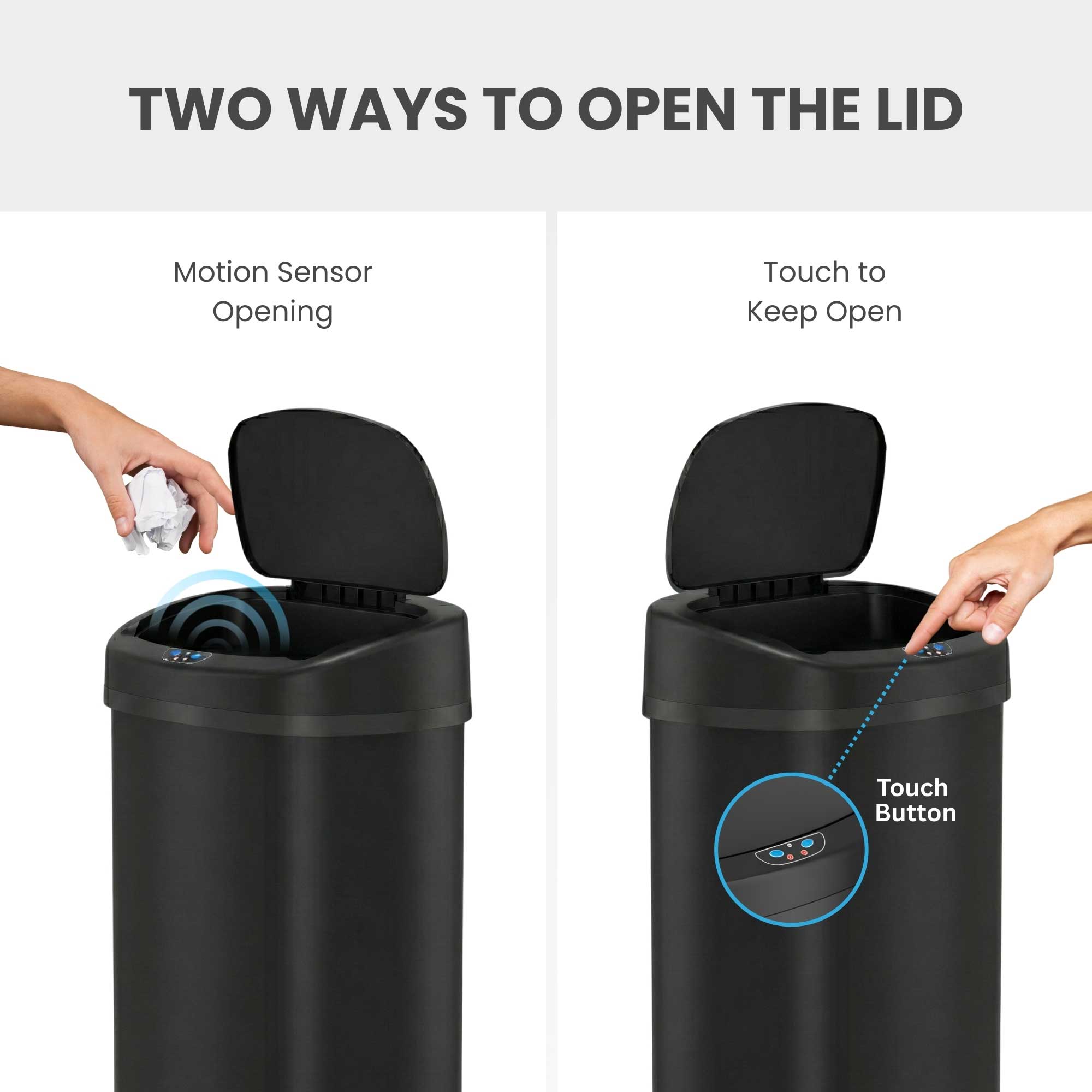 50 Liter / 13 Gallon Oval Matte Black Stainless Steel Sensor Kitchen Trash Can - Thumbnail 3
