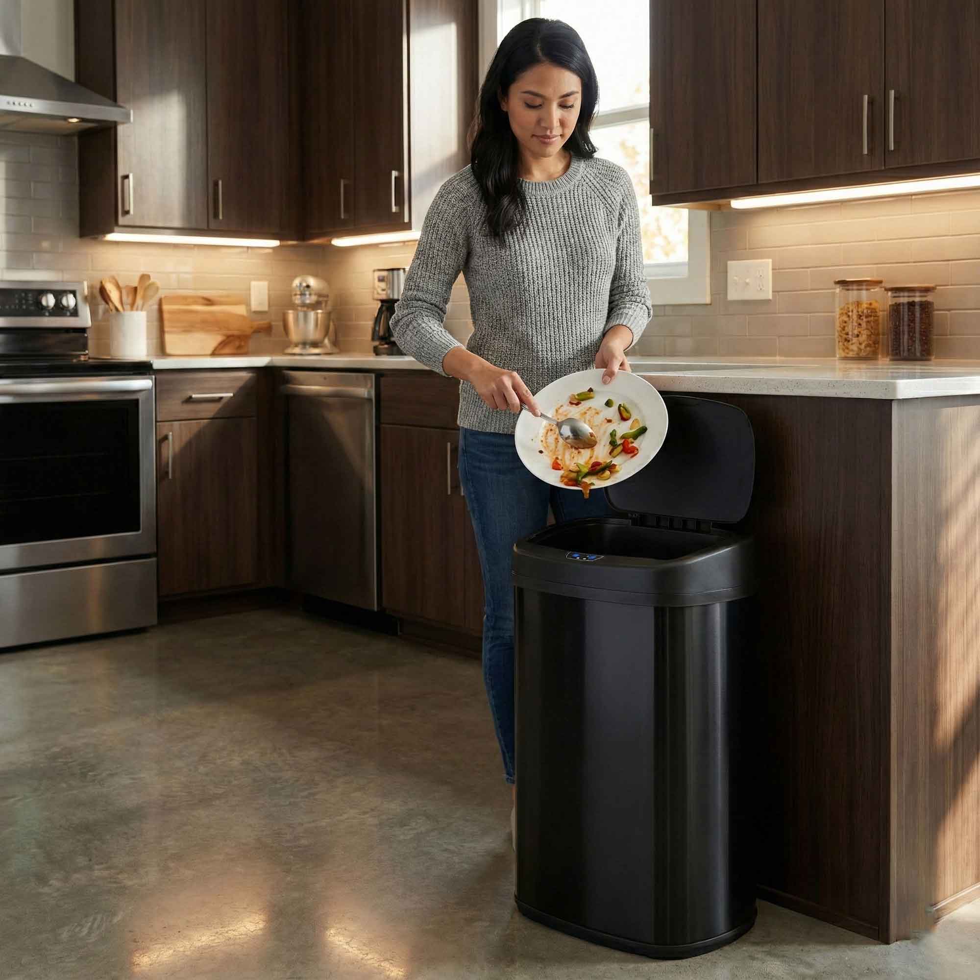 50 Liter / 13 Gallon Oval Matte Black Stainless Steel Sensor Kitchen Trash Can - Thumbnail 2