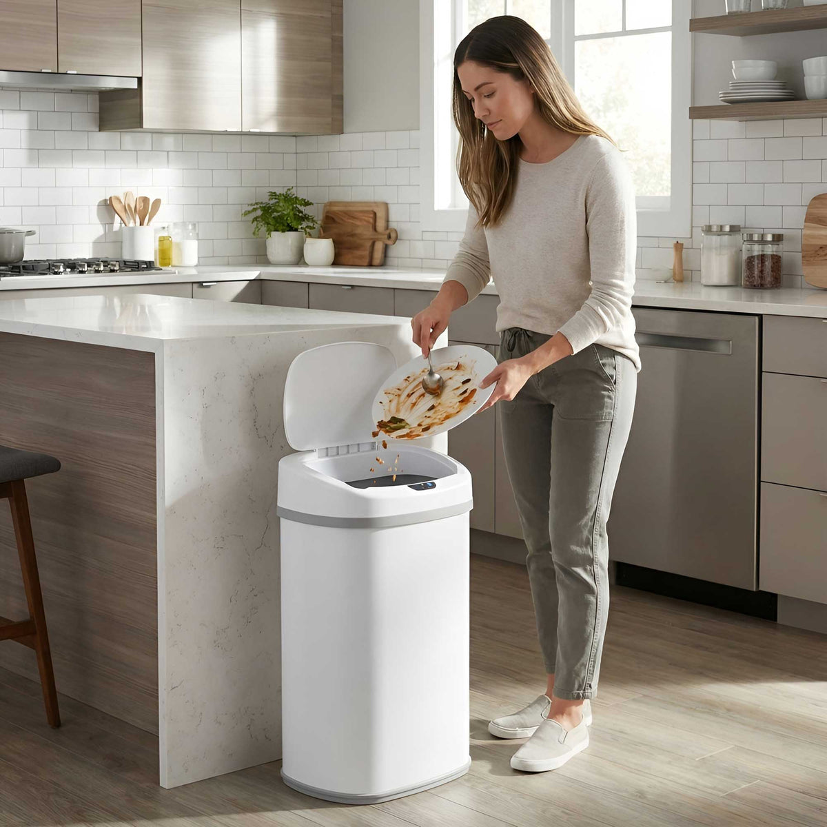A woman in a modern kitchen using the iTouchless ITOS13WH white stainless steel 50L sensor trash can to throw garbage away.