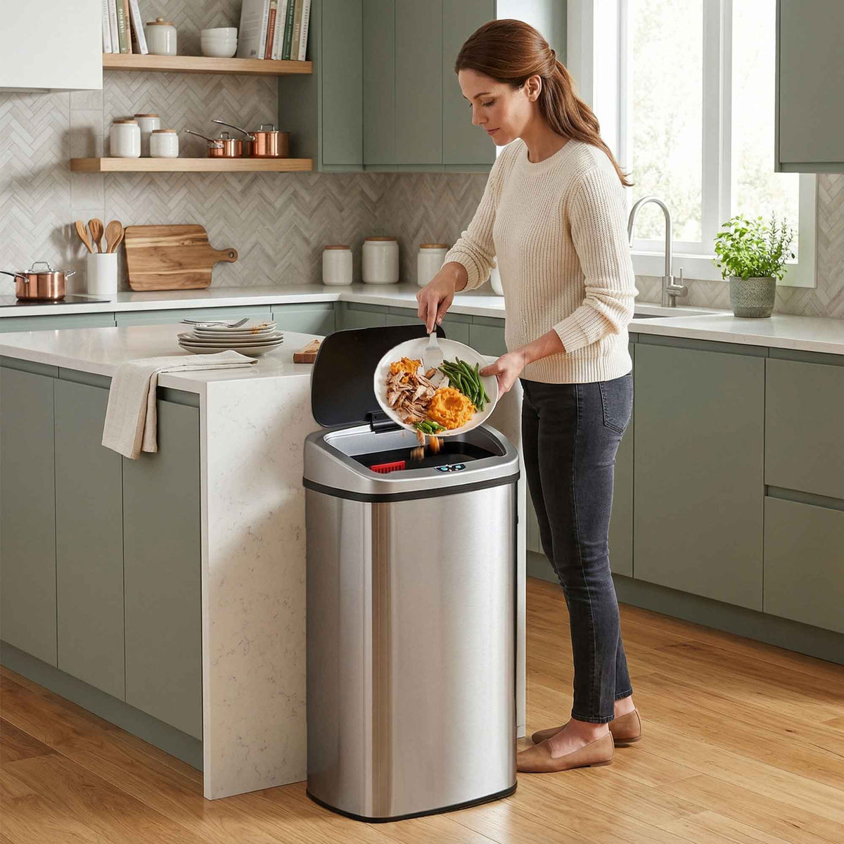Woman in kitchen scrapes food off plate into iTouchless Extra-Large Capacity 24 Gallon Sensor Trash Can