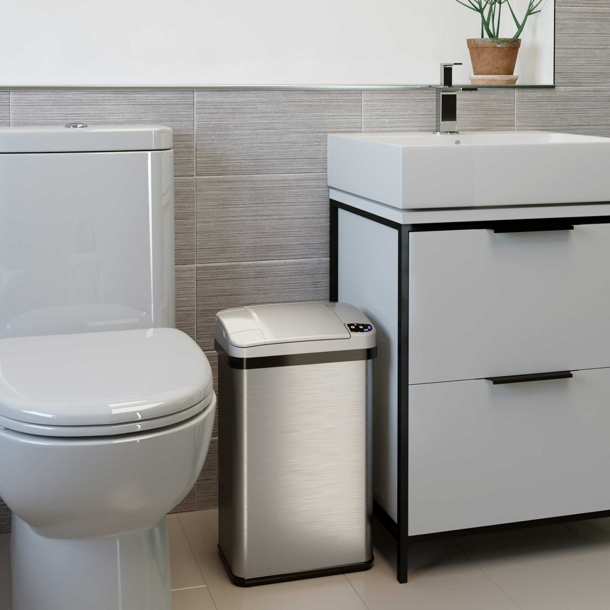 4 Gallon / 15 Liter Sensor Bathroom Trash Can with Odor Filter and Lemon Fragrance in bathroom