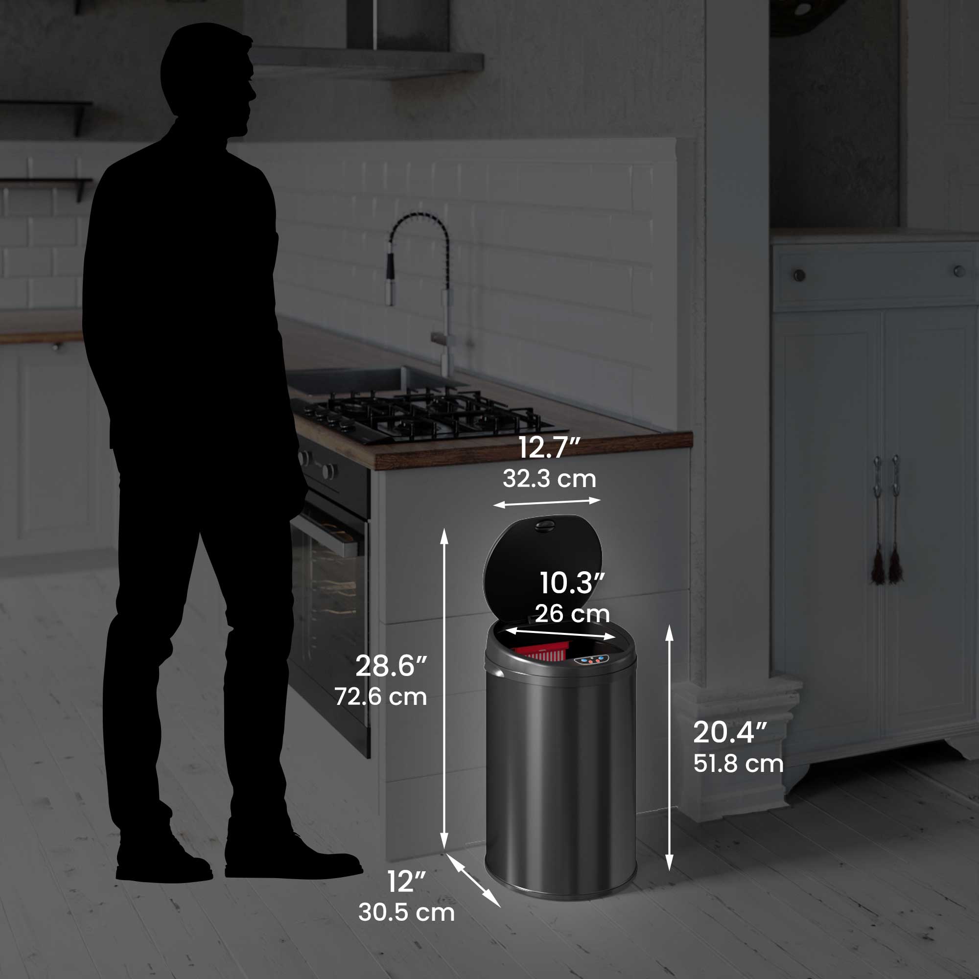 30 Liter / 8 Gallon Round Black Stainless Steel Sensor Kitchen