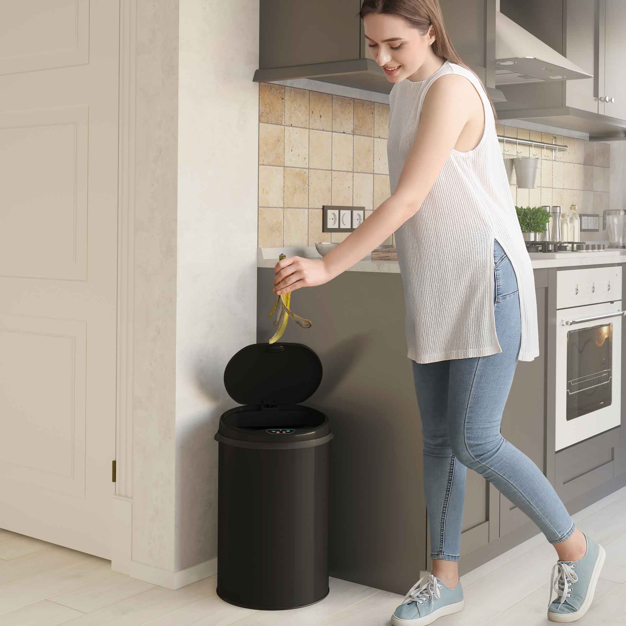 30 Liter / 8 Gallon Round Black Stainless Steel Sensor Kitchen
