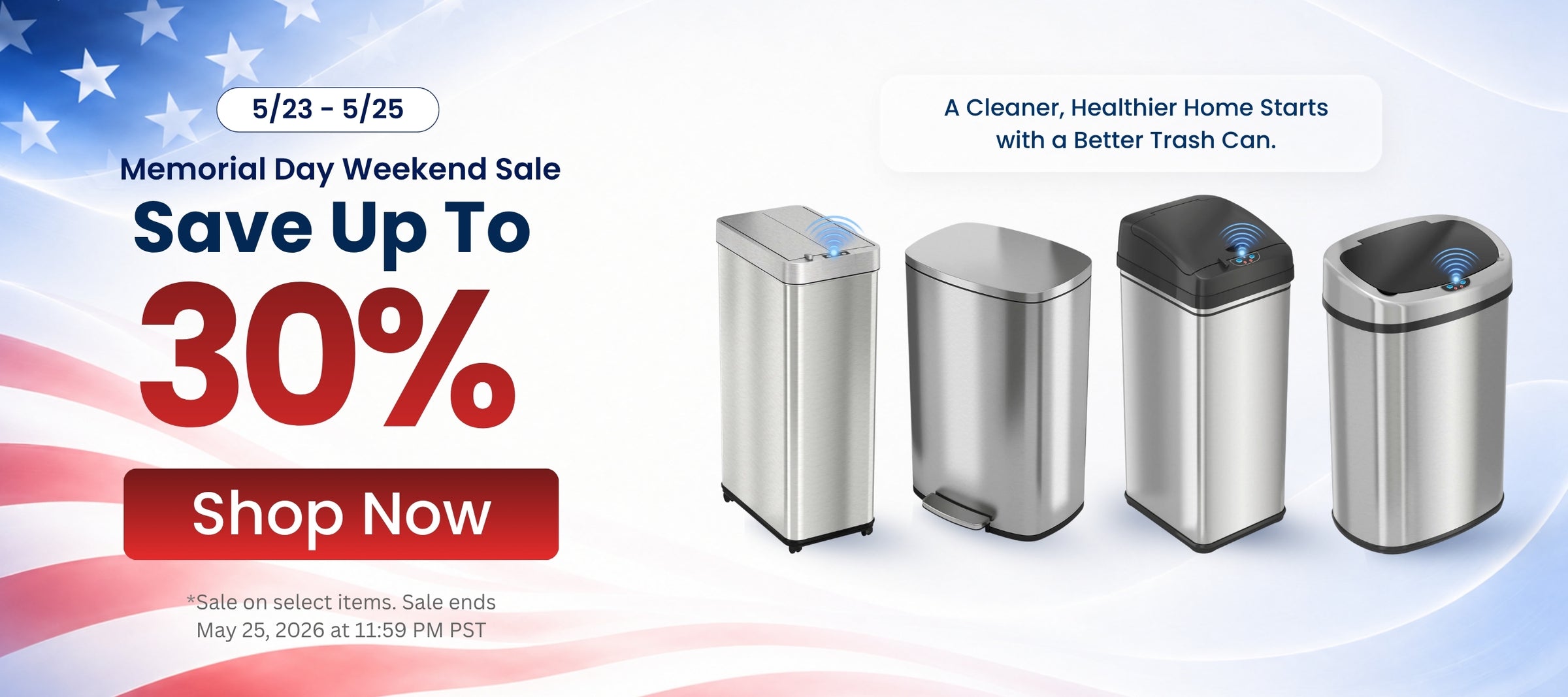 Promotional advertisement for a Memorial Day sale on trash cans with a discount offer.