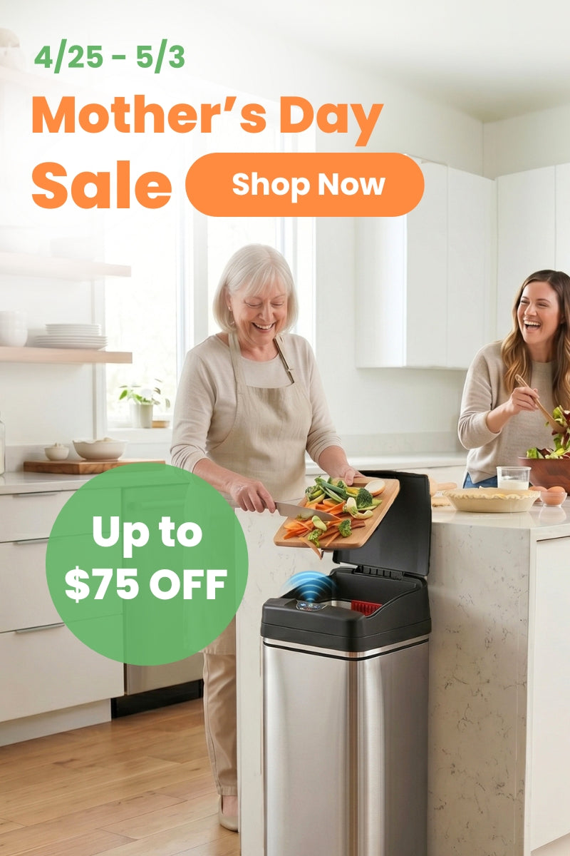 Two women in a kitchen with a trash can, promotional text for a Mother's Day sale.