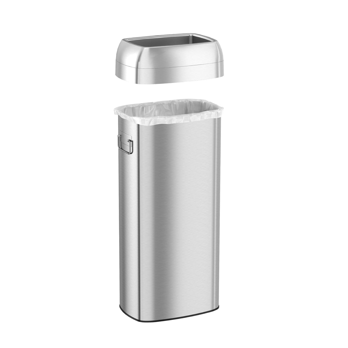 iTouchless 30 gallon oval open top trash can with removable lid lifted off, standard liner bag visible inside stainless body