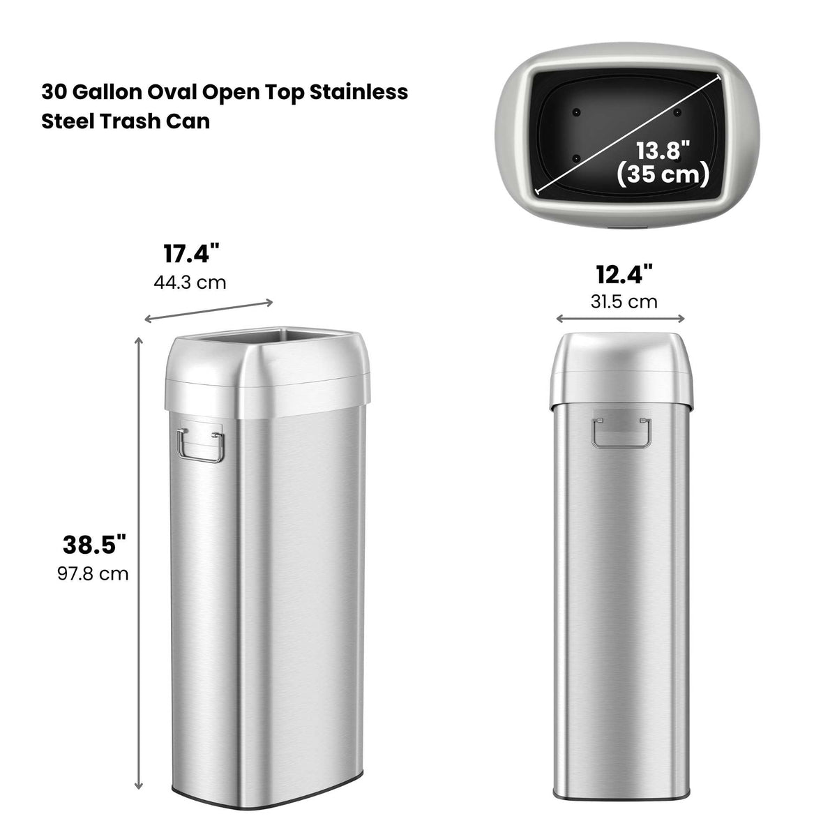 iTouchless 30 gallon oval trash can dimensions: 12.4L x 17.4W x 38.5H inches, 13.8 inch diagonal opening